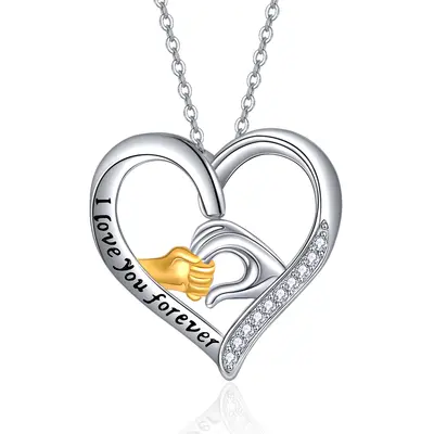 Sterling Silver Round Zircon Heart Pendant Necklace with Engraved Word