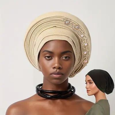 2pcs New Style Glue-on Layered Black Base Cap, African Fashion Hat for, Muslim Headscarf Hat, Ramadan Gift Breathable Solid C...