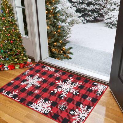 Garvee Indoor Christmas Plaid Floor Mat Soft Polyester Washable Non-Slip Thin Foldable 20inx32in Living Room Bedroom Rug