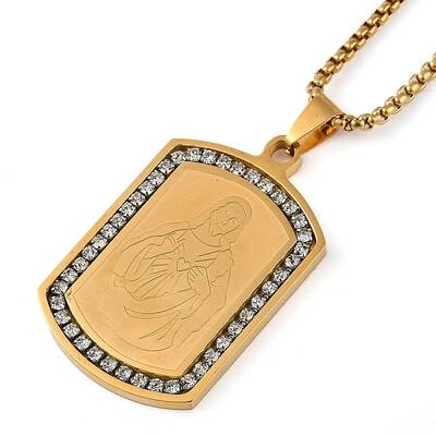 304 Stainless Steel Micro Pave Clear Cubic Zirconia Virgin Mary Rectangle Pendant Necklaces