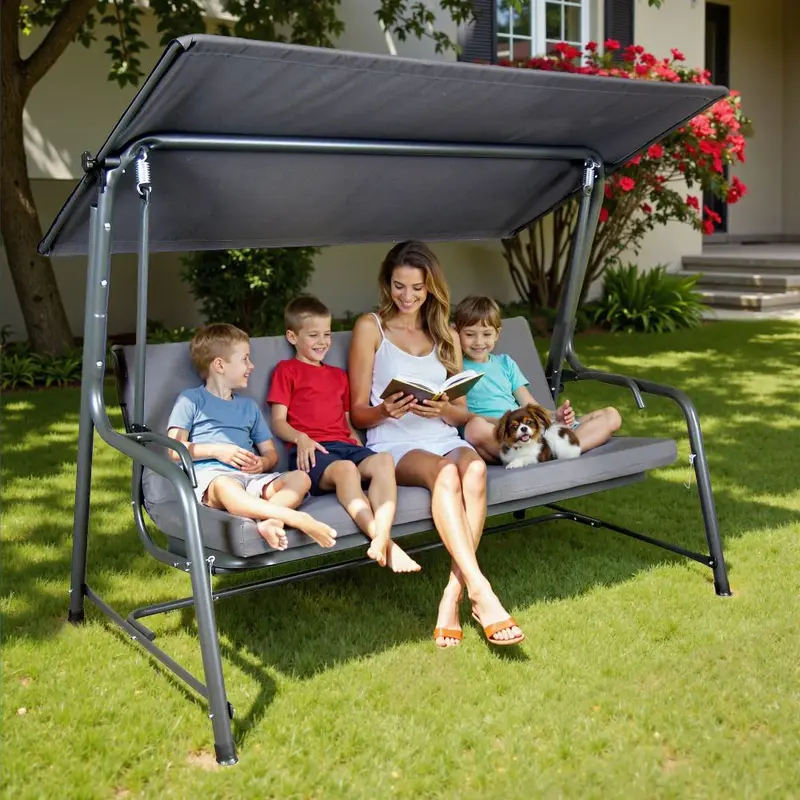 SUNJOY 4-Seat Italian-Made Patio Swing Chair / Bed with Adjustable Canopy and Cushions – Gray