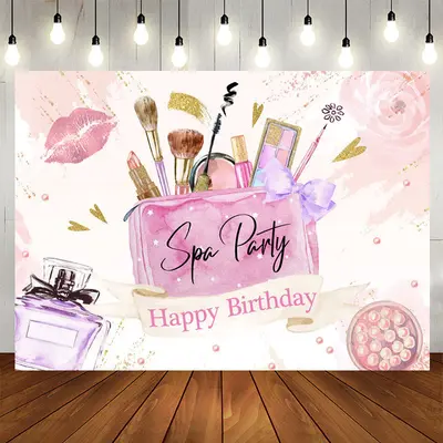 Aperturee Pink Floral Gold Glitter Spa Birthday Backdrop