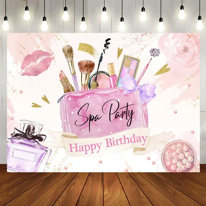 Aperturee Pink Floral Gold Glitter Spa Birthday Backdrop