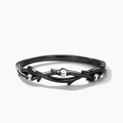 Diamond Black Gold Wedding Ring Twig Leaf Band