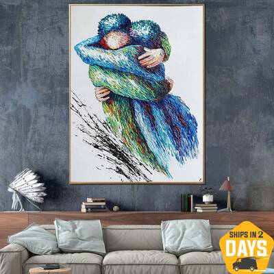 Large Romantic Painting on Canvas Couple in Love Wall Art Figurative Artwork Original Impasto Painting Gift for Anniversary |...