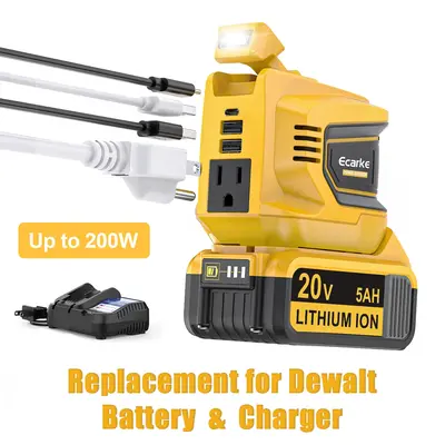 200W Power Inverter for Dewalt 20V Battery, Power Station with a 5AH Battery & a Charging Station, DC 20V to AC 110V-120V, w...
