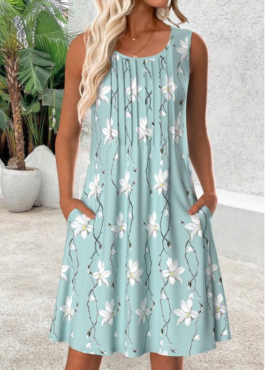 Modlily Light Blue Floral Print Short Sleeveless Scoop Neck Dress - XXL