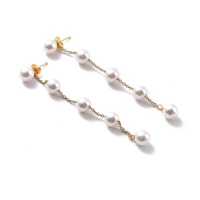 Round Plastic Pearl Beaded Long Chain Dangle Stud Earrings
