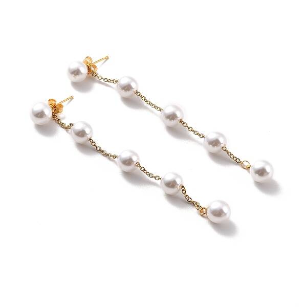 Round Plastic Pearl Beaded Long Chain Dangle Stud Earrings