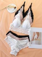 Women's Back To School Lace Underwear Set, Romantic Adjustable Strap Wireless Bra & Bow Decor Panty Set, Fall Clothes, Women'...
