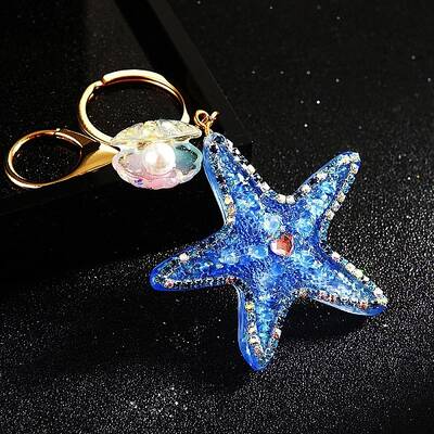 Diamond-Studded Starfish Shell Car Zinc Alloy Keychain Acrylic Cute Men and Women Bag Pendant Metal Keychain Ring Gift