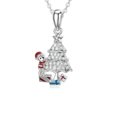 14K White Gold Cubic Zirconia Christmas Tree Pendant Necklace