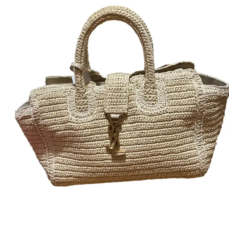 Pre-owned Yves Saint Laurent Straw/Leather Tote Bags Saint Laurent Cabas Canvas Tote Bag with Leather and Straw Fabrication, ...