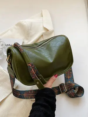 Women's Fashionable Plain Color Soft PU Leather Crossbody Bag With Ethnic Print Strap, Trendy Large Capacity Shoulder Bag For...