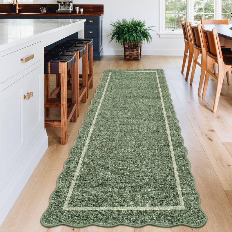 Garvee Long Runner Rug 2x10 Scalloped Runner Neutral Accent Rug with Non Slip TPR Backing, Low Pile Thin Kitchen Mats, Soft N...