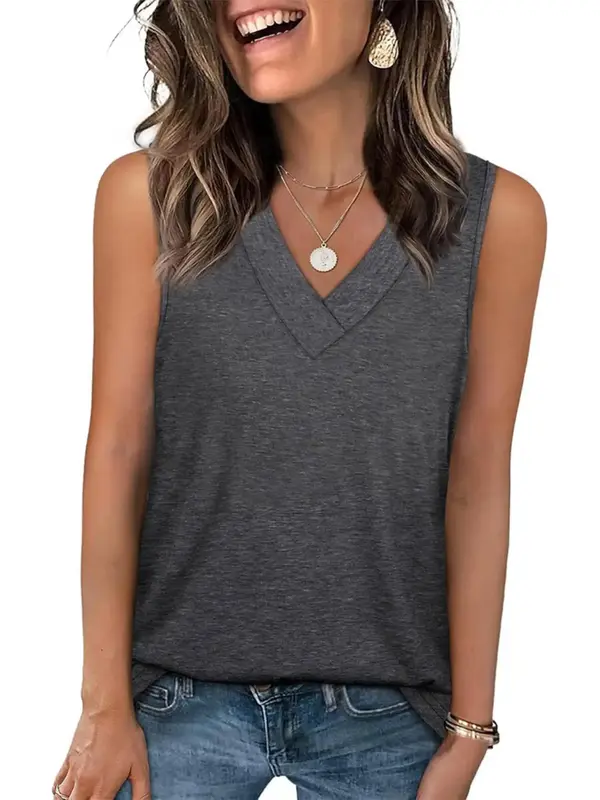 Women's Solid Color V Neck Tank Top, Casual Sleeveless Top for Summer, Ladies Clothes for Daily Wear