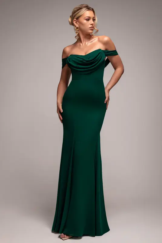 Goddiva Chiffon Bardot Cowl Neck Maxi Dress - Emerald Green