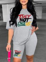 Two-piece Set Women's Letter Print Short Sleeve Tee & Skinny Shorts, Casual Round Neck T-shirt & Shorts for Daily Wear, Ladie...