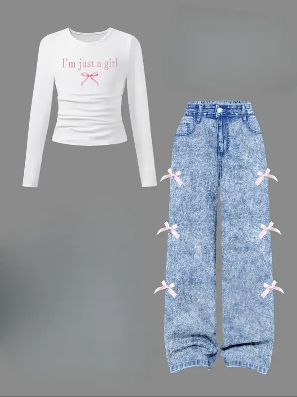 Girl's Letter Print Tee & Bow Decor Denim-Effect Pants Two-Piece Set, Casual Long Sleeve Round Neck Top & Pants for Daily ...