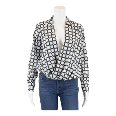 MICHAEL KORS Blouse White V-Neck Check Long Sleeve Womens UK 8
