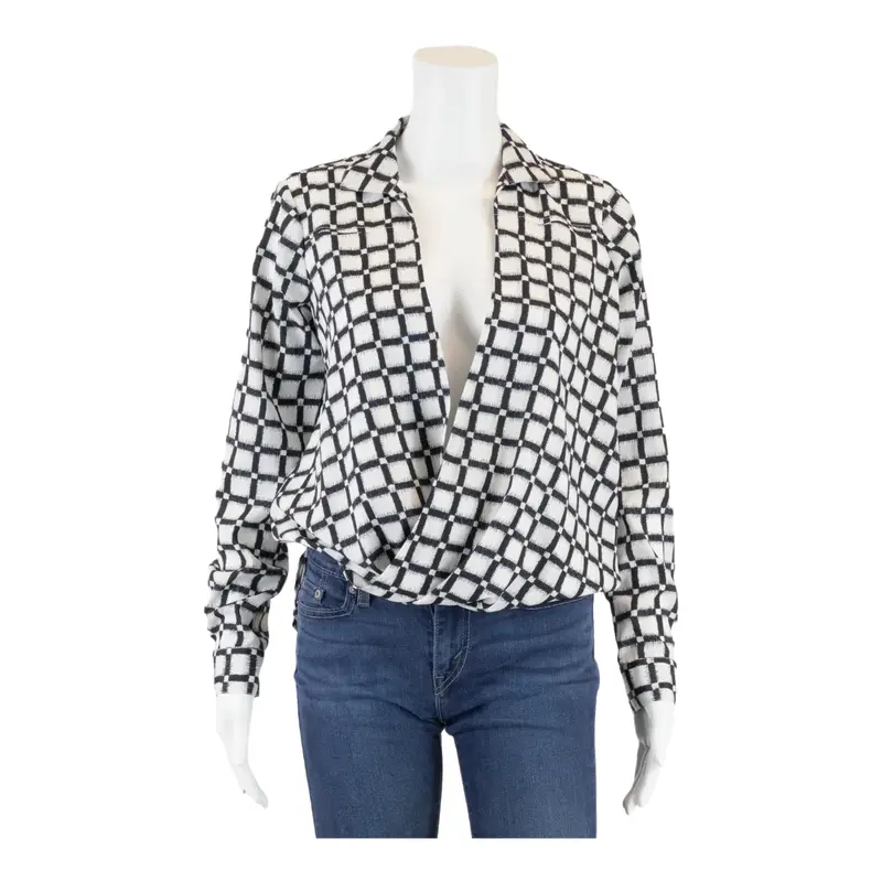 MICHAEL KORS Blouse White V-Neck Check Long Sleeve Womens UK 8
