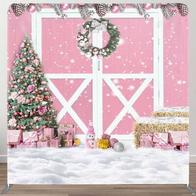 Aperturee Pink Wood Barn Door Christmas Tension Fabric Backdrop | Xmas Backdrop | Christmas Scenic Backgrounds | Christmas Ba...