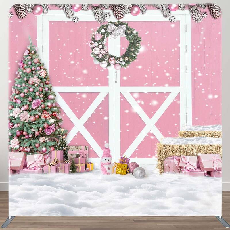 Aperturee Pink Wood Barn Door Christmas Tension Fabric Backdrop | Xmas Backdrop | Christmas Scenic Backgrounds | Christmas Ba...