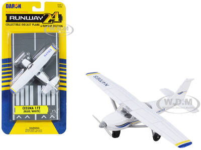 Cessna 172 Aircraft White with Blue and Yellow Stripes N470ES with Runway Section Diecast Model Airplane by Runway24