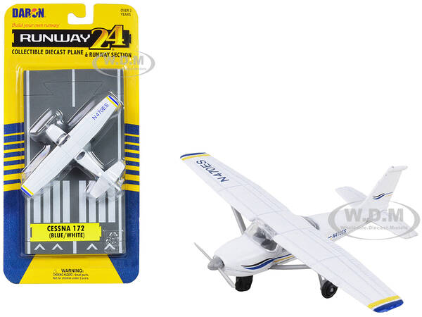 Cessna 172 Aircraft White with Blue and Yellow Stripes N470ES with Runway Section Diecast Model Airplane by Runway24