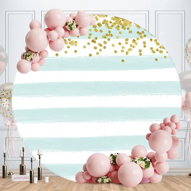 Aperturee Cyan And White Stripes Round Gold Birthday Backdrop
