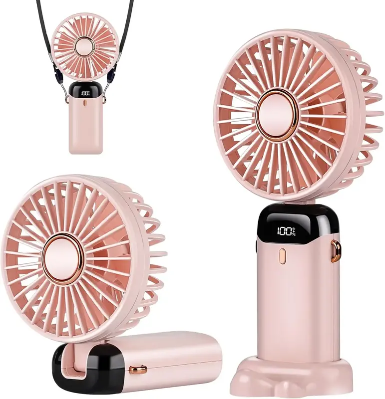 Portable Handheld Fan, Battery Operated Fan With LED Display, Handheld/Neck/Desk 3 in 1 Personal Small Fan, 90° Foldable Des...