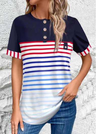 Modlily Multi Color Button Striped Short Sleeve Round Neck Blouse - M