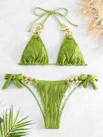 Two-piece Set Women's Textured Chain Decor Bikini Set, Casual Halter Neck Triangle Bikini Top & Tie Side Swim Thong Set, Bath...
