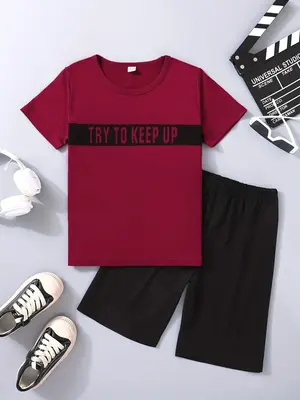 Boy's Colorblock Letter Print Tee & Shorts Two-piece Set, Casual Short Sleeve T-shirt & Elastic Waist Shorts, Summer Cloth...