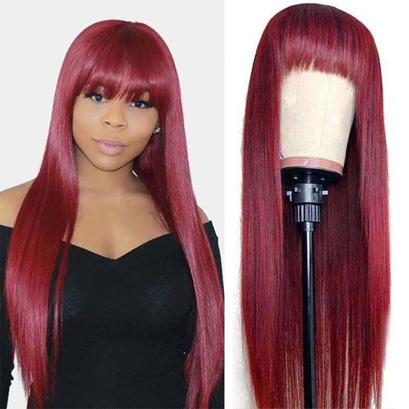 99J Colored Human Hair Wigs With Bangs Brazilian Straight Hair -Ashimary Hair