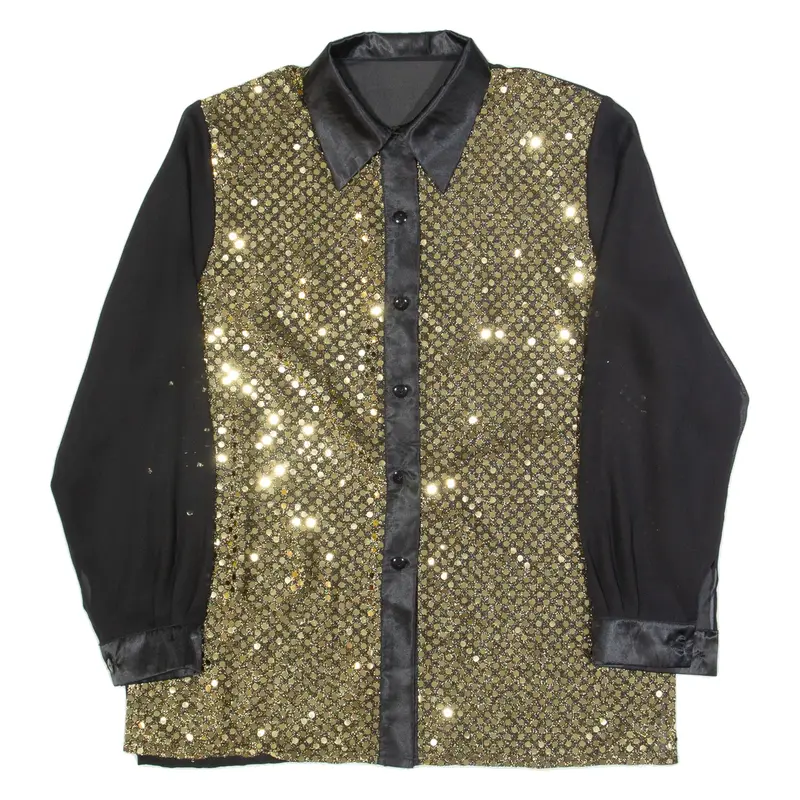 Sequins Womens Shirt Black Collared Long Sleeve L