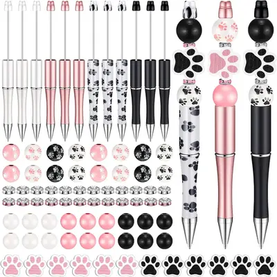 Cartoon Dog Paw Pattern Ballpoint Pen Set, 58pcs/set DIY Round Ball Pen Set, Including 8 Counts Ballpoint Pen, 16pcs Spacers,...