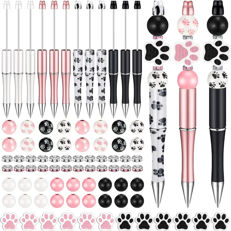 Cartoon Dog Paw Pattern Ballpoint Pen Set, 58pcs/set DIY Round Ball Pen Set, Including 8 Counts Ballpoint Pen, 16pcs Spacers,...
