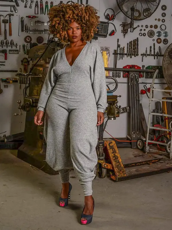 Women's Plain Bishop Sleeve Deep V Neck Jumpsuit, Casual Ribbed Long Sleeve Jumpsuit for Daily Wear, Ladies Clothes for All S...