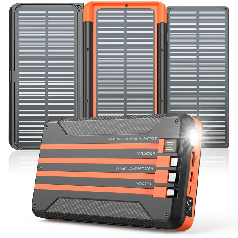 46800mAh Solar Charger Power Bank Built in 4 Cables 3 Foldable Solar Panels, PD20W Fast Charging Portable Charger, LED Displa...