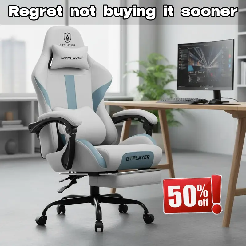 【Dealsforyoudays】GTPLAYER Gaming Chair with Footrest, Fabric Office Chair with Pocket Spring Cushion, Memory foam lumbar ...