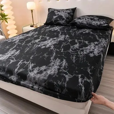 Marble Print Fitted Sheet Set without Filler, 3 Counts/set Including 1 Count Fitted Sheet & 2 Counts Pillowcase, Room Accesso...