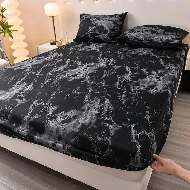 Marble Print Fitted Sheet Set without Filler, 3 Counts/set Including 1 Count Fitted Sheet & 2 Counts Pillowcase, Room Accesso...