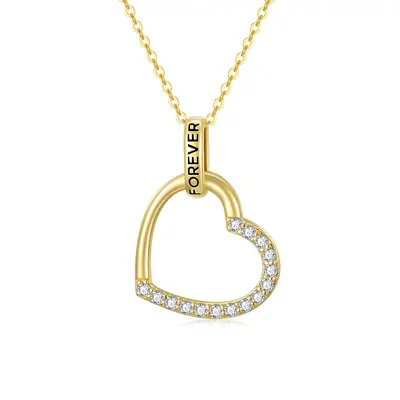 14K Gold Cubic Zirconia Heart Pendant Necklace with Engraved Word