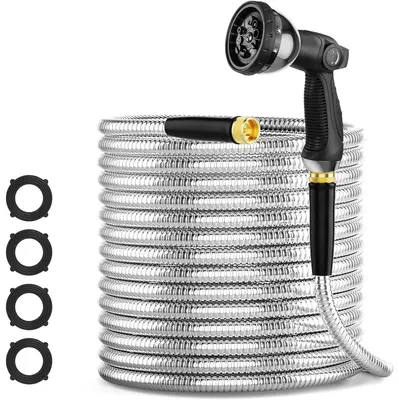 Garden Hose 100FT with Adjustable Nozzle, 304 Stainless Steel Heavy Duty Water Hose with Nozzle, Tough Flexible Lightweight, ...