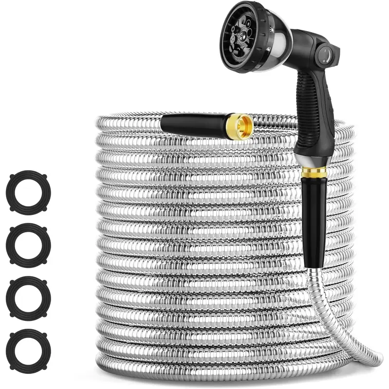 Garden Hose 100FT with Adjustable Nozzle, 304 Stainless Steel Heavy Duty Water Hose with Nozzle, Tough Flexible Lightweight, ...