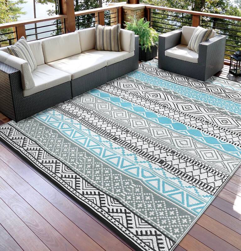 Garvee Outdoor Blue & Grey 5x8 Patio Rug Waterproof Reversible Durable Plastic Straw UV Stable Fade Resistant Eco-Friendly Bo...