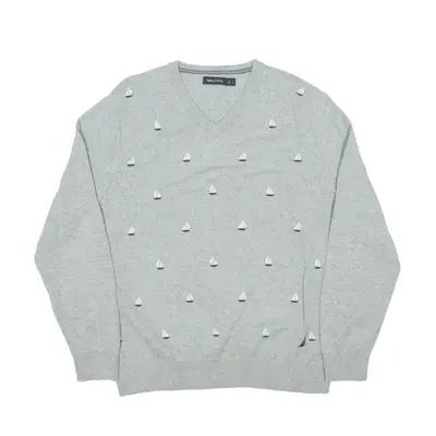 NAUTICA Sailing Boat Patterned Jumper Grey Tight Knit V-Neck Mens L