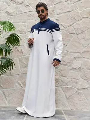 Men's Striped Print Half Button Kaftan, Modest Long Sleeve Pocket Arabian Clothing, Fashion Men's Islamic Clothing for Spring...