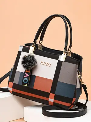 Colorblock Check Pattern Letter Label Zipper Handbag, with Pom Pom Decor Charm & Adjustable Shoulder Strap, Luxury Designer H...